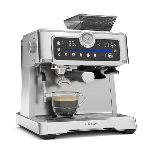 Klarstein GrandPresso Touch - Macchina da Caffè Espresso, 20 Bar, Macinino Integrato, Display Touch, Serbatoio da 2,3L, Acciaio Inox, Funzione Vapore, Senza Capsule, Personalizzazione delle Bevande
