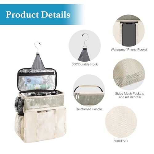 Shower Caddy, Hanging Toiletry Bag Dorm Room Essentials for College Students, Travel Essentials Hanging Shower Organizer for Traveling, Quick Dry Shower Caddies Portable for Beach-Off White