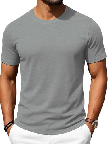 Image of Runcati Men's Short Sleeve T-Shirt Premium Plain Crew Neck Tops Summer Gym Fitness Sports Shirt Lightweight Regular Fit Tee Grey L