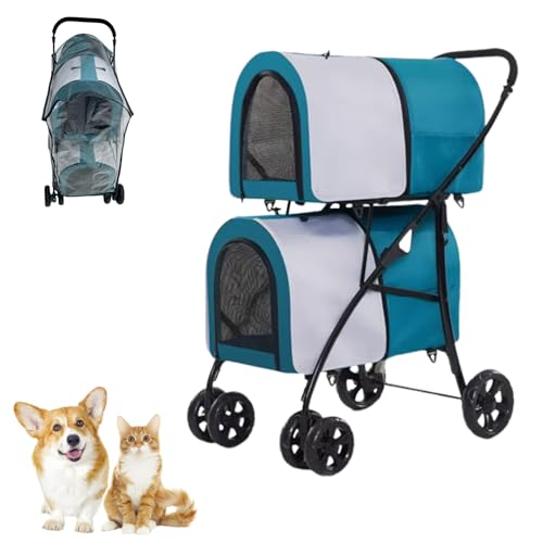 Double Pet Stroller with Raincoat Detachable Carriers Storage Pocket Lockable 360° Lightweight Wheel Waterproof Folding Crate with Soft Pad for Small Medium Dogs Blue
