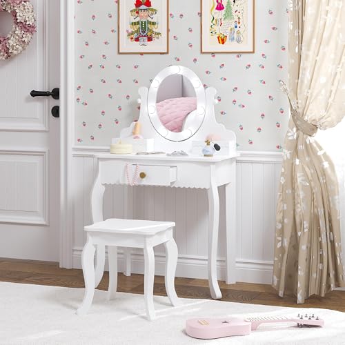 Spirich Kids Vanity, Girls Vanity Set with Mirror and Stool and Lights, Kids Vanity Table and Chair Set,Wooden Princess Makeup Desk Dressing Table