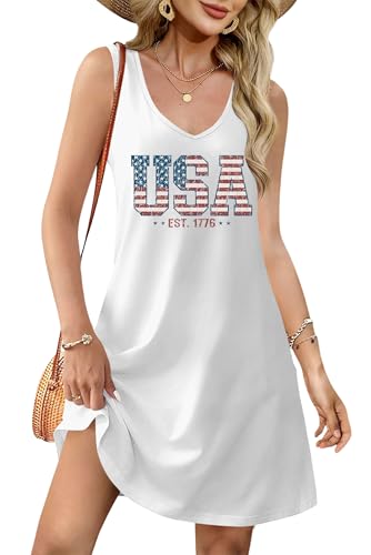 Image of LHBNK 4th of July Dress for Women: American Flag Tank Dresses Star Striped Splicing Loose V Neck Sundresses