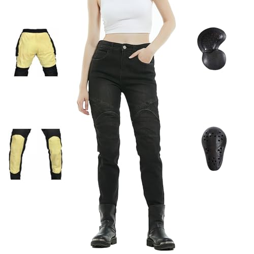 LOMENG Motorcycle Pants with Protection Lining Motorbike Jeans All Seasons with CE Removable Armored for Women Black 2XS, XX-Small