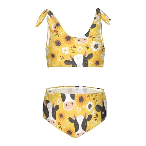 KLL Black White Cow Print Sunflowers Girls' 2 Piece Bikini Sets Scoop Neck Swimming Bathing Suit Swimsuit