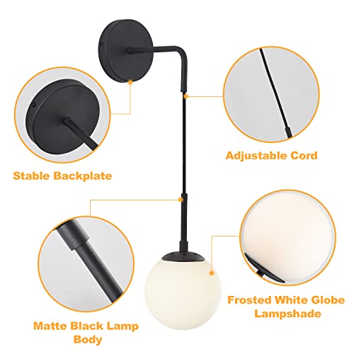 Image of KCO Lighting Frosted White Glass Wall Sconce Set of Two Black Globe Ball Wall Light Adjustable Cord Industrial Vanity Wall Lamp for Bathroom Mirror Bedside Stairs (White)