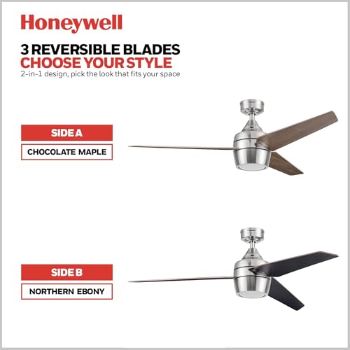 Honeywell Ceiling Fans Eamon Modern 52 Inch Ceiling Fan with Light, Remote Control Fan, LED Indoor Fan with 3 Blades, Brown Maple and Black Blade Finish Options, Brushed Nickel (50604-01) - image 4