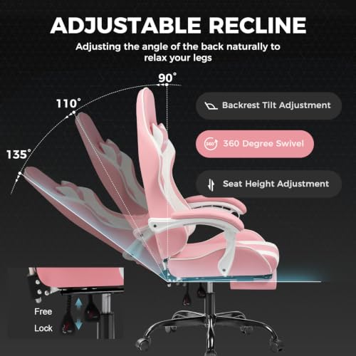 GTPLAYER #1USA Ergonomic Gaming Chair with USB Massage Cushion, Footrest & Armrests – PU Leather Computer Video Game Desk Chair with Adjustable Lumbar Support & Headrest for Gaming & Office (Pink)