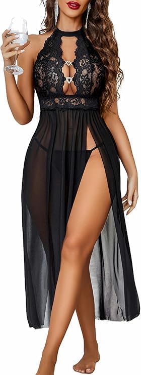 Womens Lingerie Lace Bodystocking Nightgown Side Split Chemise Sexy Sleepwear lit Dress Lace Lingerie Dress For Women Sexy,Boudoir Outfits Valentines Wedding Night Black(XL)