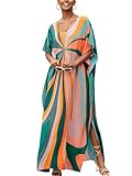 IMAGEKOPE Moroccan Print V-Neck Batwing Kaftan Women's Plus Size Loose Fit Beach Dress Bathing Suit Cover Up Loungewear