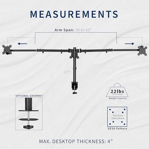 Image of VIVO Premium Triple Monitor Desk Mount for 3 Screens up to 22 lbs, Fits up to 38 inch Ultrawides on Center Bracket, Adjustable Telescoping Arms, Flush Wall Setup, Black, STAND-TS03C