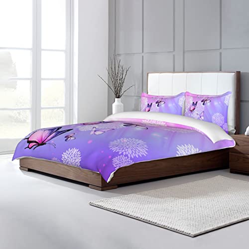 Faiiuerk Girly Butterfly Queen Size Duvet Cover Set Butterflies Purple And Pink Printed Bedding Set(1 Duvet Cover + 2 Pillow Cases) #TOP4
