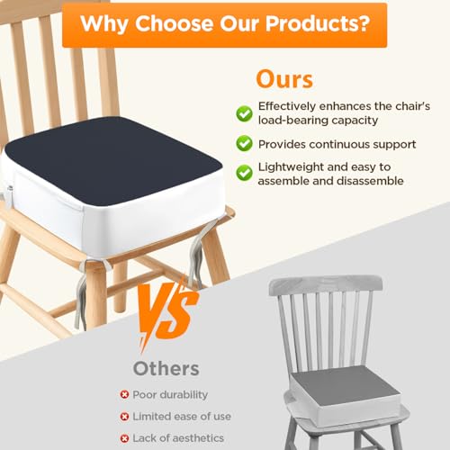 Image of Booster Seat for Kitchen Chair, 3.8 inch Toddler Booster Seats for Dining Table with Ties, PU Dining Chair Pads with Side Pockets, Non-Slip & Removable Booster Seat for Table Increasing Cushion (Blue)