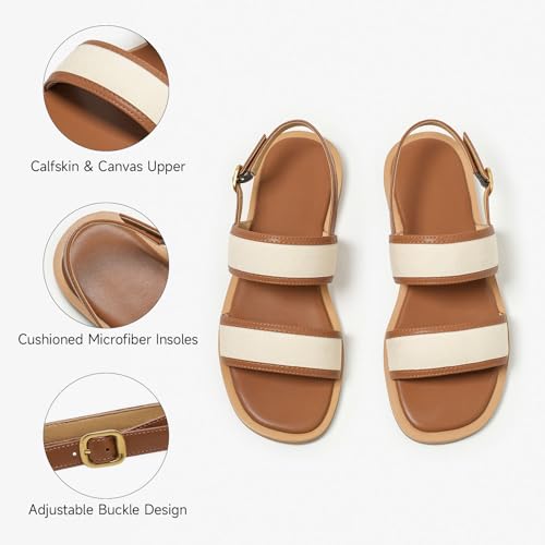 Image of BEAU TODAY Flat Sandals for Women,Women's Leather Sandals with 2 Strap,Peep Toe Summer Strap Sandals for Women,Open Toe Buckle Comfortable Dress Sandals Shoes for Women