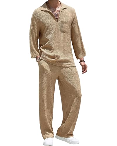 QUNERY Tracksuit Men Sets 2 Piece Casual Long Sleeve Shirt Beach Summer Loose Pant Sets With Pockets Khaki L