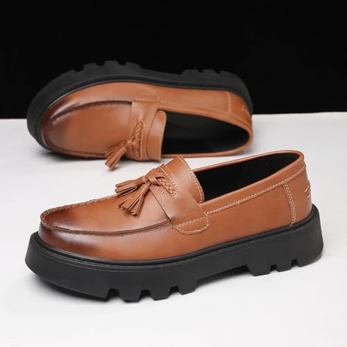 Image of Men's Black Soft Patent Leather Platform Chunky Heel Loafers Fashion Tassel Business Casual Formal Work Shoes Non-Slip Lug Sole Slip-On Penny Loafers