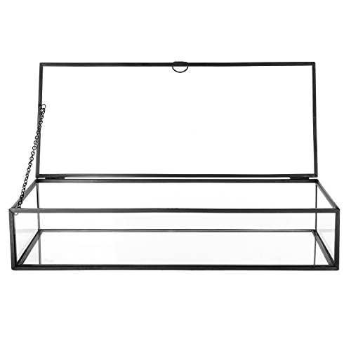Mygift Glass Jewelry Box, Vintage Style Black Metal & Clear Glass Mirrored Shadow Box Jewelry Display Case With Hinged Top Lid #TOP2