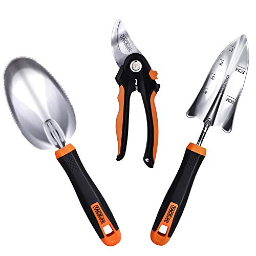 TACKLIFE 3 Piece Garden Tool Set, Stainless Steel Hand Tool Gift Kit Including Pruning Shear + Soil Scoop + Rake- GGT3A