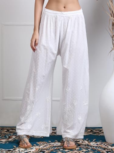 Image of Women's Lucknowi Chikankari Handwork Cotton Kurti, Palazzo and Dupatta Set