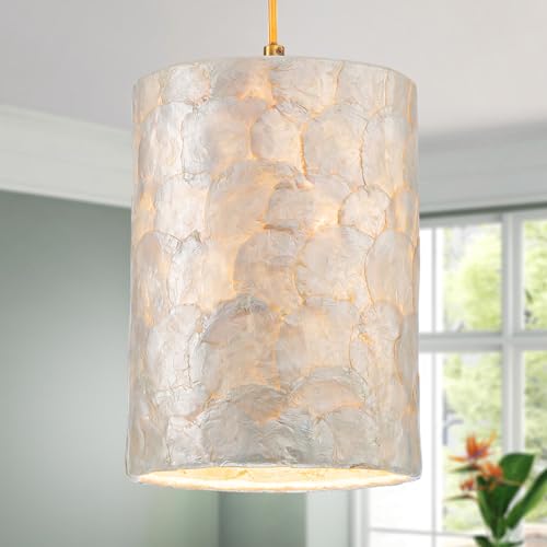 LumFurn 1-Light Capiz Shell Chandelier Coastal Design Modern Pendant Light Fixture for Dining Room Living Room Kitchen Island D7xH18~66(Adjustable Height) Shell Lampshade & Gold Finish Frame