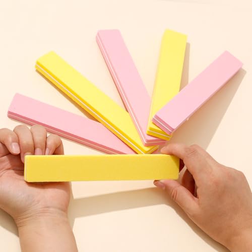 6 PCS Nail Files and Buffers for Natural Nails, Nail Buffer and Shine Kit, 100/180 Grit Nail File Blocks for Fingernails，Pink and Yellow