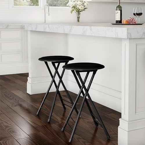 Image of IYB Folding Stool - Heavy Duty 25-inch Collapsible Padded Round Stool with 80 KG Capacity for Dorm, Rec Room, Bar, Kitchen or Gameroom (Black)