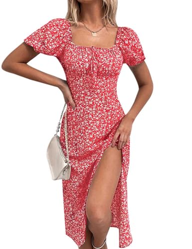 Image of SPRIME Women's Floral Summer Casual Dress Square Neck Puff Sleeve Boho Midi Dresses Ruched Bust High Waist Split Long Dress