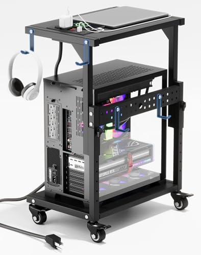 ZUAVIALA Computer Tower Stand with Power Outlet, 6 Level Height Ajustable PC Tower Stand for Floor, Mobile Rolling CPU Holder Cart for Gaming, Office, Home, 21.34'-28.3', Black