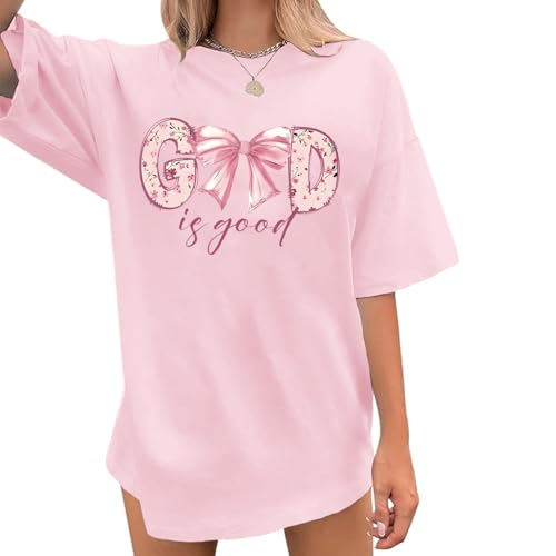 KEEVICI God is Good Shirt Christian Jesus Bow Oversized T Shirts for Women Religious Faith Cute Graphic Tees Bible Verse Tops