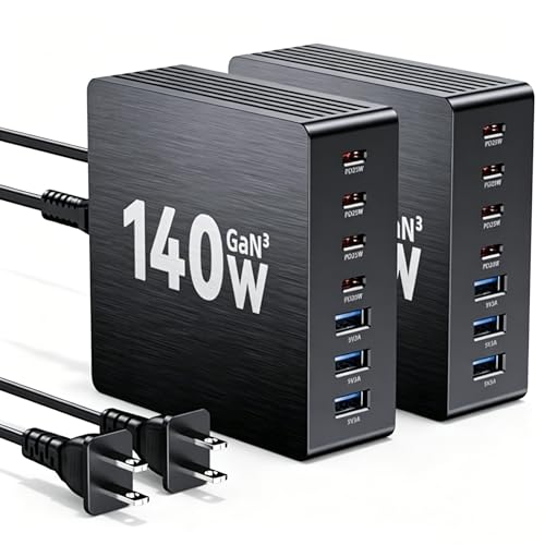 Image of USB C Charging Station, 140W GaN III 7 Port Fast Charger Station, PD 3.0 USB Charging Station for Multiple Devices, Multiple USB C Charger Station for iPad iPhone Samsung Android (2 Pack, Black)