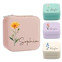 Yofair Ships Next Day, Personalized Jewelry Box for Girls Custom Travel Jewelry Case with Birth Flower Teen Girl Gifts Trendy Stuff Ring Box Birthday Christmas Gifts for Women