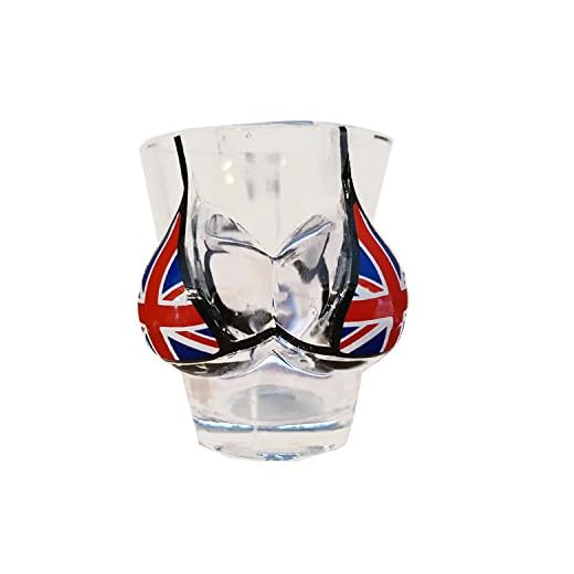 Vaso de chupito, diseño de pechos con bikini y bandera del Reino Unido, cristal
