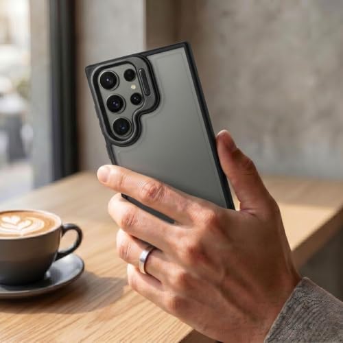 Image of amazon basics Frosted Matte Case for Samsung Galaxy S23 Ultra 5G | Built-in Flip-Out Camera Lens Stand | Translucent Back with Contrast Black Bumper | Foldable Kickstand