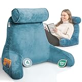 Ella Lesekissen für Bett und Sofa mit Abnehmbarer Nackenrolle - Rückenkissen Bett - Reading Pillow aus Memory Foam mit Armlehne, Ideal zum Lesen, Fernsehen, Faulenzen oder als Rückenstütze - Blau