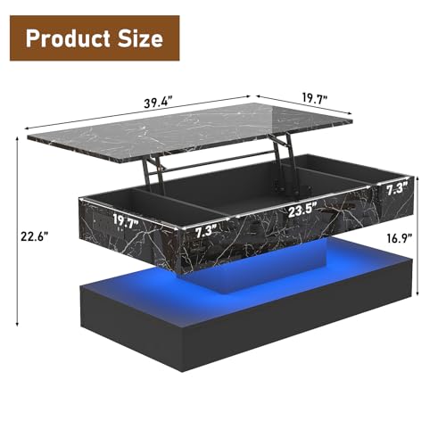 chartustriable 39.4\" Large Lift Top Coffee Table with Charging Station, LED Modern High Glossy Center Table with Hidden Compartment Storage, Black Lift Living Room Tables with Marbling Print, Black - Thumbnail 2