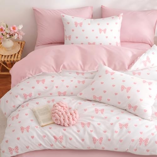 Freyamy Schleife Bettwäsche 135x200 Rosa Weiß Schleifen Herz Bettwäsche Set – Ansicht 1