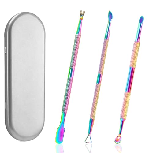 BQAN Nail Cuticle Pusher 3PCS, Stainless Steel Dual Head Cuticle Remover Tool for Manicures and Pedicures (Rainbow)