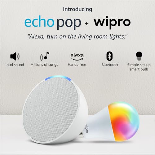 Image of Amazon Echo Pop (White) Smart Home Speaker Combo with Wipro Simple Setup 9W LED Smart Bulb | with Bluetooth and Alexa