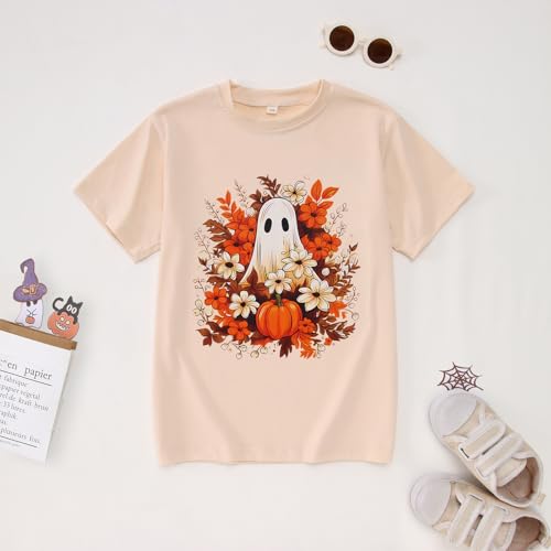 Image of GLIGLITTR Girls Halloween Ghost T Shirt Pumpkin Floral Graphic Tee Tops Kids Spooky Season Casual Short Sleeve Shirt