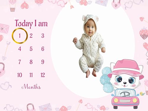 Image of Baby Monthly Milestone Blanket | 1-12 Months | Soft All-Season AC Blanket | Ideal for Newborn Boys & Girls | Perfect Growth Tracker & Photoshoot Prop with Cute Kitty | 120x90 cm
