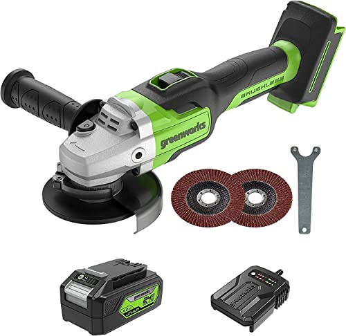 Greenworks GD24AGK4 Akku Winkelschleifer, 125 mm Schneidemesser, 10500rpm, Links- oder Rechtshänder, Exklusiv bei Amazon 24V 4Ah Akku & Ladegerät, Green,grey,black