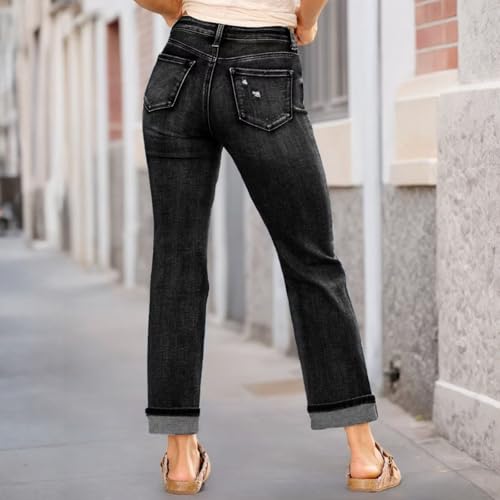 Women's Wide Leg Jeans High Waisted Stretchy Denim Capri Pants Roll-up Skinny Cuffed Cropped Distressed Jeans3