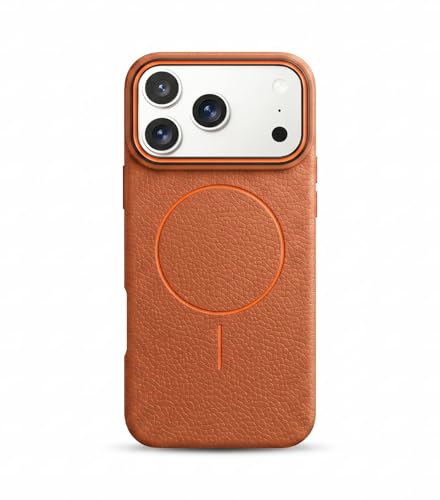 Image of amazon basics Luxury MagSafe Compatible Leather Texture Back Cover for iPhone 17 Pro Max | Raised Camera Protection | Slim Fit Shockproof Case with Metallic Accents (Orange)