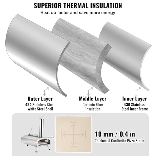 VEVOR Pizza Oven Outdoor, 12" Pellet Pizza Oven, Portable Pizza Stove with Built-in Thermometer, Wood Fired Stainless Steel Pizza Maker, for Backyard, Camping, Pizza Stone, Shovel, Carry Bag, Silver