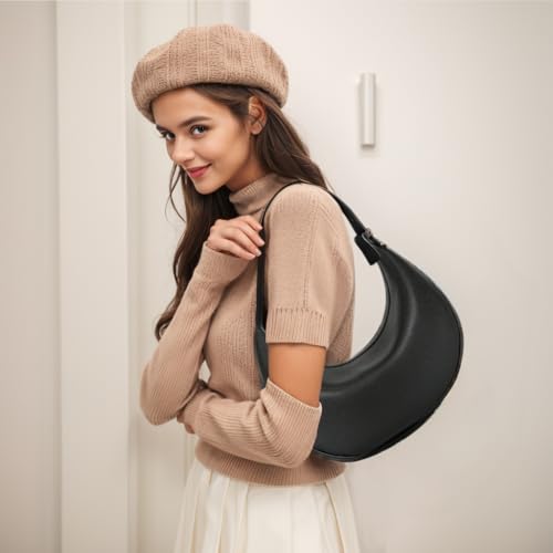 Image of Cute shoulder bag Hobo Purses PU Leather Handbag moon bag Adjustable CrossBody Bag with Zipper-white