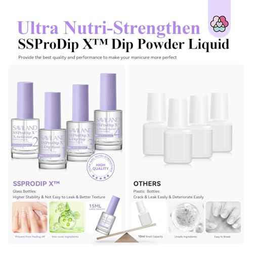 SAVILAND Dipping Powder Liquid Set: 15ml Dipping Powder Nails Set mit Base Top Coat Brush Saver Nagelwerkzeug, Dipping Powder Nagelset Starter Set für French Nägel Nail Art