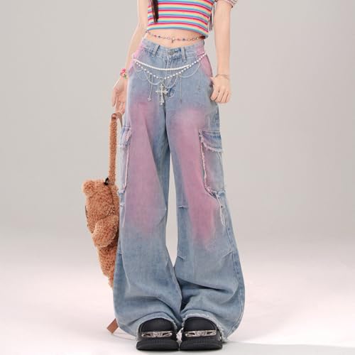 Womens Jeans Fashion Y2K Vintage Casual Low Waist Baggy Wide Leg Pink Tie-Dye Gradient Straight Denim Pants2