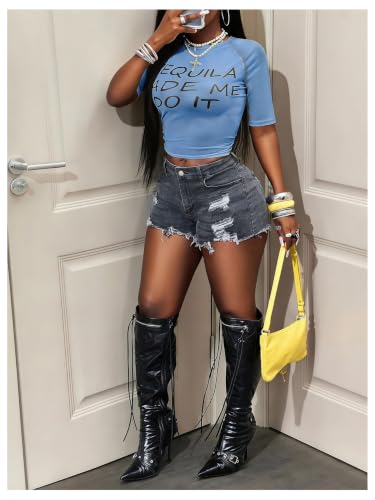 Image of RoseSeek Women's Sheer Mesh Letter Graphic Tees Short Sleeve Crew Neck Y2K Vintage Summer Going Out Crop Tops