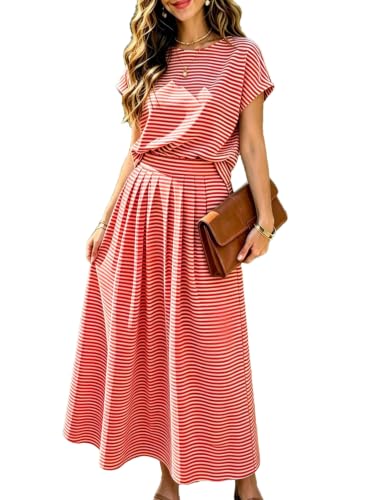Image of Zontroldy Women's Summer 2 Piece Outfits Striped Skirt Sets Cap Sleeve Crop Top Midi Dress Matching Travel Outfits