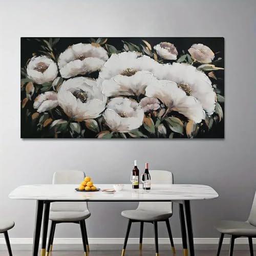 Décoration murale pour salon fleurs blanches grand tableau sur toile