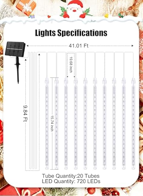 Solar Meteor Shower Lights 20 Tubes 16 Inch 720 LED Solar Christmas Lights Outdoor Waterproof, Snow Cascading String Lights for Outside Christmas Halloween House Tree Decoration, Warm White